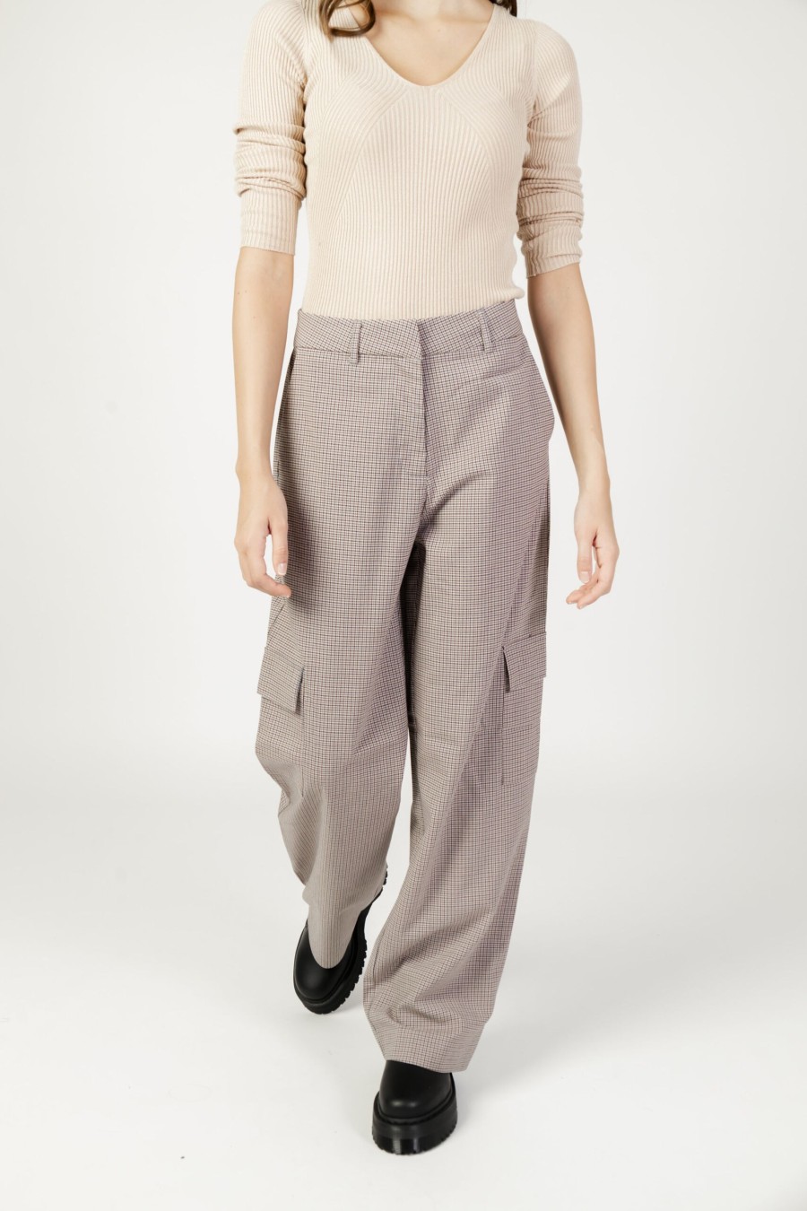 Donna Only | Pantaloni A Sigaretta Only Onljoss Hw Straight Cargo Check Pant Tlr Beige Chiaro