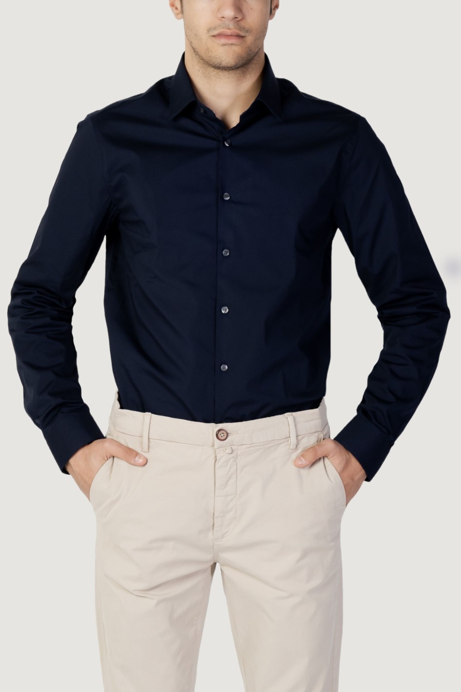 Uomo Calvin Klein | Camicia Manica Lunga Calvin Klein Poplin Stretch Slim Blu