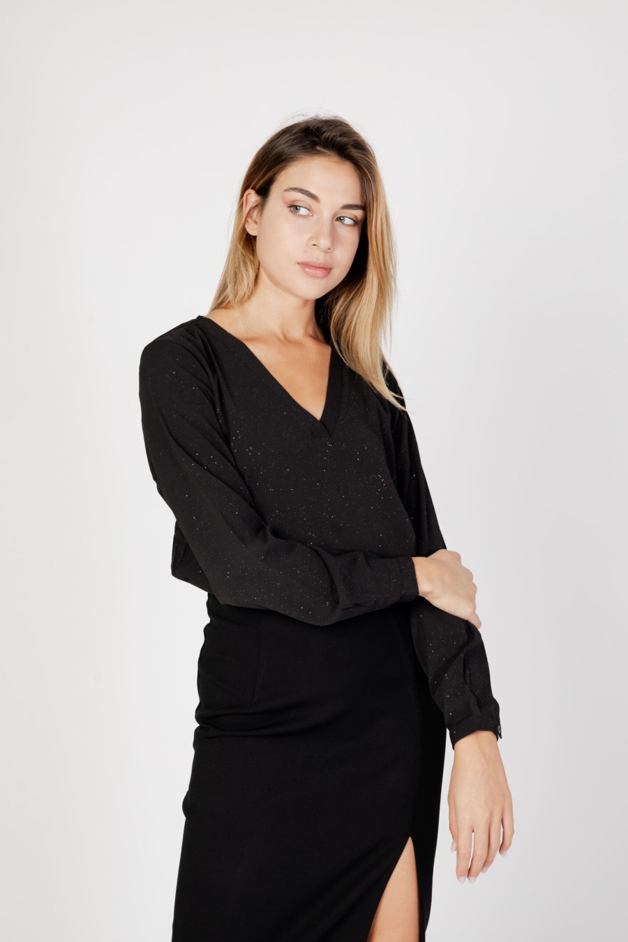 Donna Jacqueline de Yong | Bluse Manica Lunga Jacqueline De Yong Jdypiper L/S Foil V-Neck Top Wvn Nero