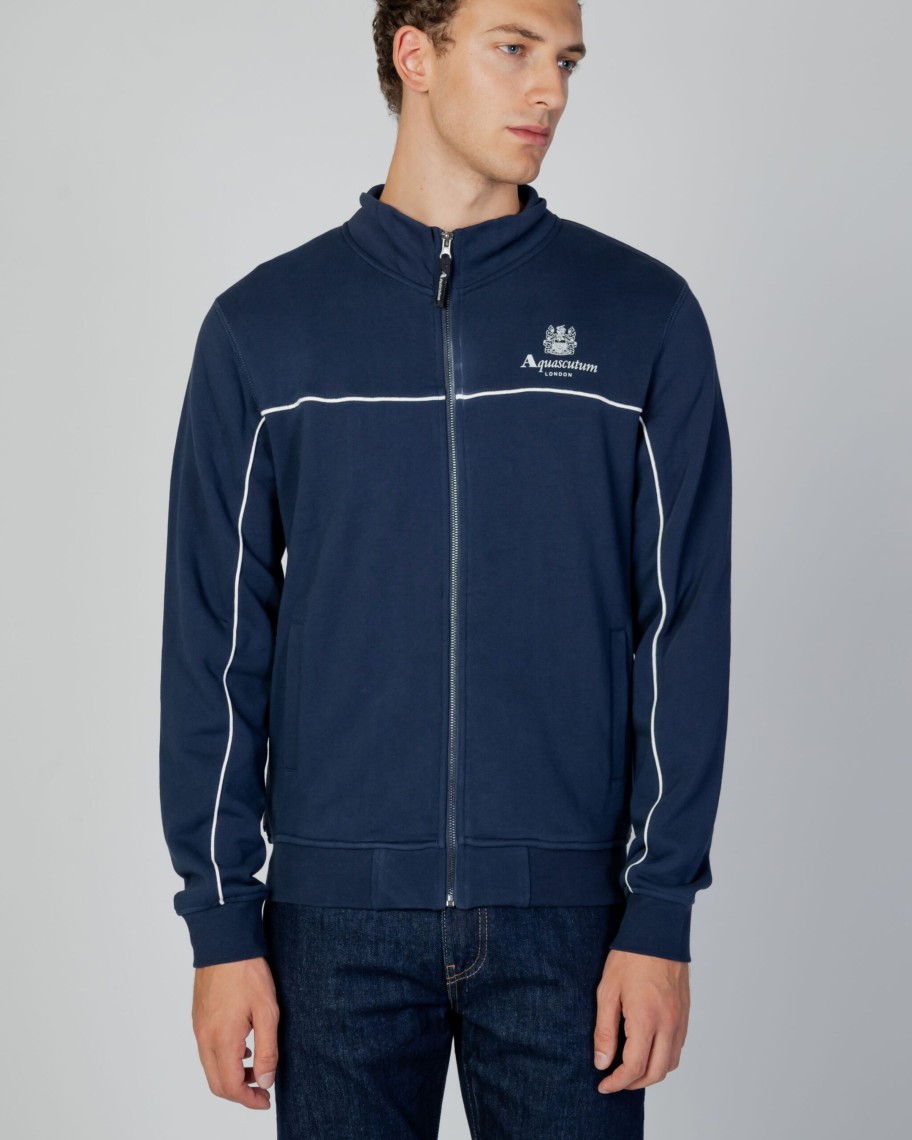 Uomo Aquascutum | Felpa Senza Cappuccio Aquascutum Active Piping Mock Neck Fleece Blu