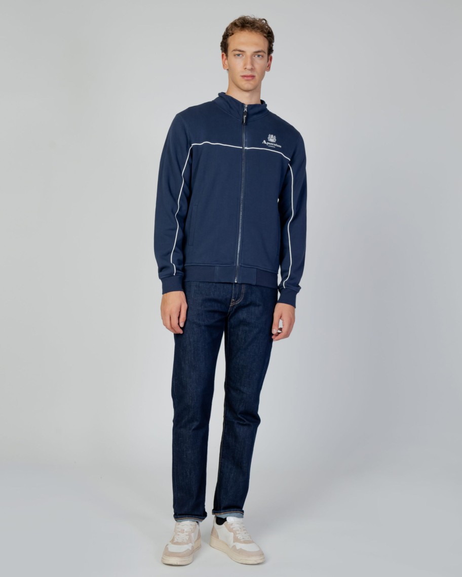 Uomo Aquascutum | Felpa Senza Cappuccio Aquascutum Active Piping Mock Neck Fleece Blu